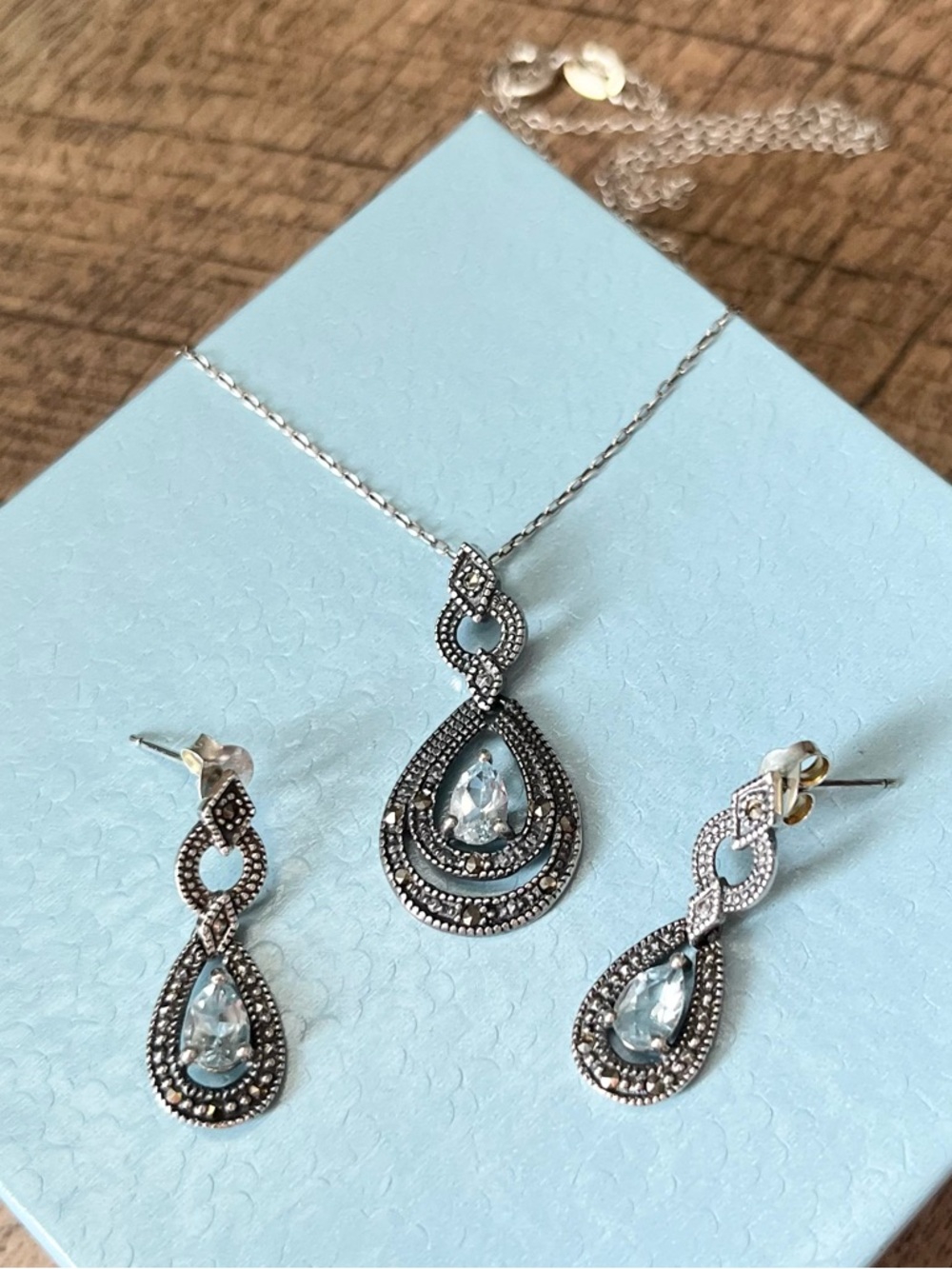 Sterling Silver Teardrop Blue Topaz Necklace and Earring Set